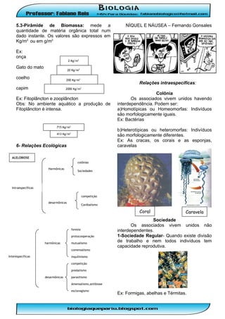 5.3-Pirâmide de Biomassa: mede a
quantidade de matéria orgânica total num
dado instante. Os valores são expressos em
Kg/m2 ou em g/m2.
Ex:
onça

NÍQUEL E NÁUSEA – Fernando Gonsales

2 Kg/m2

Gato do mato

20 Kg/m2

coelho

200 Kg/m2

capim

2000 Kg/m

Relações intraespecíficas:
2

Ex: Fitoplâncton e zooplâncton
Obs: No ambiente aquático a produção de
Fitoplâncton é intensa.

715 Kg/m2

Colônia
Os associados vivem unidos havendo
interdependência. Podem ser:
a)Homotípicas ou Homeomorfas: Indivíduos
são morfologicamente iguais.
Ex: Bactérias
b)Heterotípicas ou heteromorfas: Indivíduos
são morfologicamente diferentes.
Ex: As cracas, os corais e as esponjas,
caravelas

413 Kg/m2

6- Relações Ecológicas
ALELOBIOSE
colônias
Harmônicas

Sociedades

Intraespecíficas
competição
desarmônicas

Canibalismo

Coral

foresia
protocooperação
harmônicas

mutualismo
comensalismo

Interespecíficas

Caravela

Sociedade
Os associados vivem unidos não
interdependentes.
1-Sociedade Regular- Quando existe divisão
de trabalho e nem todos indivíduos tem
capacidade reprodutiva.

inquilinismo
competição
predatismo
desarmônicas

parasitismo
Amensalismo,antibiose
esclavagismo

Ex: Formigas, abelhas e Térmitas.

 