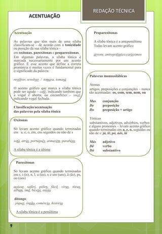ACENTUAÇÃO
Acentuação
As palavras que têm mais de uma sílaba
classificam-se – de acordo com a tonicidade
ou posição da sua sílaba tônica –
em oxítonas, paroxítonas e proparoxítonas.
Em algumas palavras, a sílaba tônica é
marcada necessariamente por um acento
gráfico. É esse acento que define a correta
pronúncia e muitas vezes é fundamental para
o significado da palavra:
revólver, revolver / tomara, tomará
O acento gráfico que marca a sílaba tônica
pode ser agudo – café, indicando também que
a vogal é aberta; ou circunflexo – você,
indicando vogal fechada.
Classificação/acentuação
das palavras pela sílaba tônica
Oxítonas
Só levam acento gráfico quando terminadas
em a, e, o, em, ens seguidos ou não de s
sofá, atrás, português, armazém, parabéns
A sílaba tônica é a última
Paroxítonas
Só levam acento gráfico quando terminadas
em r, i (is), n, l, u (us), x e um (uns), ã (ãs), ps,
oo (oos)
açúcar, safári, pólen, fácil, vírus, tórax,
álbum, ímã, bíceps, enjôo
ditongo:
jóquei, órgão, comércio, história
A sílaba tônica é a penúltima
Proparoxítonas
A sílaba tônica é a antepenúltima
Todas levam acento gráfico
árvore, antropológico,caríssimos
Palavras monossilábicas
Átonas
artigos, preposições e conjunções – nunca
são acentuadas: os, com, sem, nem, ou
Mas conjunção
De preposição
Do preposição + artigo
Tônicas
substantivos, adjetivos, advérbios, verbos
e alguns pronomes – levam acento gráfico
quando terminadas em a, e, o, seguidas ou
não de s: já, lê, pó, nós, lá
Más adjetivo
Dê verbo
Dó substantivo
REDAÇÃO TÉCNICA
9
 