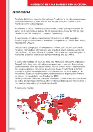 HISTÓRICO DE UMA EMPRESA BEM SUCEDIDA
FREUDENBERG
Para falar da Corteco é preciso falar antes da Freudenberg. Um dos maiores grupos
empresariais do mundo, com mais de 158 anos de tradição e um dos líderes
mundiais no mercado autopeças.
Atualmente, o Grupo Freudenberg compreende 258 fábricas espalhadas por 24
países em 5 continentes e mais de 30 mil colaboradores. Cerca de 70% da frota
circulante mundial é equipada com peças Freudenberg.
A experiência e a tradição em autopeças iniciaram-se em 1929, quando a
Freudenberg inventou o retentor, atendendo a um pedido da Daimler Benz alemã,
hoje Daimler Chrysler.
O responsável pelo projeto foi o engenheiro Simmer, que utilizou duas chapas
metálicas estampadas e internamente uma arruela de couro moldada. Assim, foi
desenvolvido o primeiro retentor do mundo. E ainda hoje, em algumas regiões da
Alemanha, o retentor é conhecido como Simmering; anel de Simmer.
A Corteco foi fundada em 1994, na Itália e na Alemanha, como uma empresa do
Grupo Freudenberg, especializada em autopeças para o mercado de reposição
como retentores, selos de haste de válvula, coxins, filtros e kits de reparo diversos.
Fiel aos princípios que norteiam a grandeza do Grupo Freudenberg, a Corteco
emprega a legítima tecnologia da empresa-mãe em suas peças de reposição. A
mesmíssima qualidade reconhecida mundialmente está à disposição de milhares
de clientes no mundo todo e no Brasil desde 1999.
O compromisso da Corteco é o de atuar em estreita colaboração com todos os elos
da cadeia de reposição automotiva, oferecendo qualidade superior nos produtos e
nos serviços, buscando a geração efetiva de valor.
A Corteco no mundo:
24
 