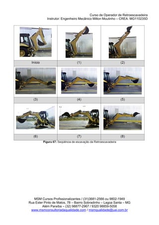 Curso de Operador de Retroescavadeira
Instrutor: Engenheiro Mecânico Milton Moutinho – CREA: MG110235D
MSM Cursos Profissionalizantes / (31)3681-2566 ou 9802-1949
Rua Ester Pinto de Matos, 78 – Bairro Sobradinho – Lagoa Santa – MG
Além Paraíba – (32) 98877-2967 / 9320 98859-5058
www.msmconsultoriadaqualidade.com / msmqualidade@uai.com.br
 
