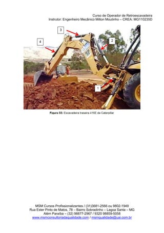 Curso de Operador de Retroescavadeira
Instrutor: Engenheiro Mecânico Milton Moutinho – CREA: MG110235D
MSM Cursos Profissionalizantes / (31)3681-2566 ou 9802-1949
Rua Ester Pinto de Matos, 78 – Bairro Sobradinho – Lagoa Santa – MG
Além Paraíba – (32) 98877-2967 / 9320 98859-5058
www.msmconsultoriadaqualidade.com / msmqualidade@uai.com.br
 