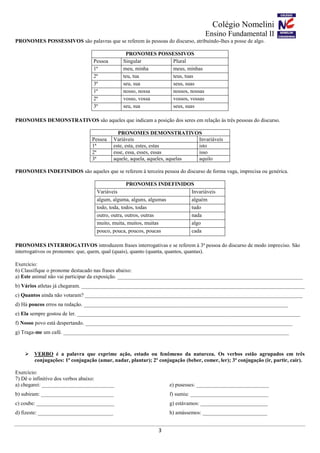 Colégio Nomelini
Ensino Fundamental II
3
PRONOMES POSSESSIVOS são palavras que se referem às pessoas do discurso, atribuindo-lhes a posse de algo.
PRONOMES POSSESSIVOS
Pessoa Singular Plural
1ª meu, minha meus, minhas
2ª teu, tua teus, tuas
3ª seu, sua seus, suas
1ª nosso, nossa nossos, nossas
2ª vosso, vossa vossos, vossas
3ª seu, sua seus, suas
PRONOMES DEMONSTRATIVOS são aqueles que indicam a posição dos seres em relação às três pessoas do discurso.
PRONOMES DEMONSTRATIVOS
Pessoa Variáveis Invariáveis
1ª este, esta, estes, estas isto
2ª esse, essa, esses, essas isso
3ª aquele, aquela, aqueles, aquelas aquilo
PRONOMES INDEFINIDOS são aqueles que se referem à terceira pessoa do discurso de forma vaga, imprecisa ou genérica.
PRONOMES INDEFINIDOS
Variáveis Invariáveis
algum, alguma, alguns, algumas alguém
todo, toda, todos, todas tudo
outro, outra, outros, outras nada
muito, muita, muitos, muitas algo
pouco, pouca, poucos, poucas cada
PRONOMES INTERROGATIVOS introduzem frases interrogativas e se referem à 3ª pessoa do discurso de modo impreciso. São
interrogativos os pronomes: que, quem, qual (quais), quanto (quanta, quantos, quantas).
Exercício:
6) Classifique o pronome destacado nas frases abaixo:
a) Este animal não vai participar da exposição. _____________________________________________________________________
b) Vários atletas já chegaram. ___________________________________________________________________________________
c) Quantos ainda não votaram? _________________________________________________________________________________
d) Há poucos erros na redação. ____________________________________________________________________________
e) Ela sempre gostou de ler. ___________________________________________________________________________________
f) Nosso povo está despertando. _____________________________________________________________________________
g) Traga-me um café. ____________________________________________________________________________________
 VERBO é a palavra que exprime ação, estado ou fenômeno da natureza. Os verbos estão agrupados em três
conjugações: 1ª conjugação (amar, nadar, plantar); 2º conjugação (beber, comer, ler); 3ª conjugação (ir, partir, cair).
Exercício:
7) Dê o infinitivo dos verbos abaixo:
a) chegarei: ___________________________
b) subiram: ___________________________
c) coube: _____________________________
d) fizeste: ____________________________
e) pusesses: ___________________________
f) sumiu: _____________________________
g) estávamos: _________________________
h) amássemos: ________________________
 