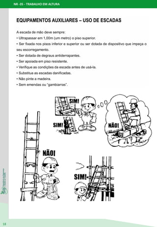NR -35 - TRABALHO EM ALTURA
18
EQUIPAMENTOS AUXILIARES – USO DE ESCADAS
A escada de mão deve sempre:
• Ultrapassar em 1,00m (um metro) o piso superior.
• Ser fixada nos pisos inferior e superior ou ser dotada de dispositivo que impeça o
seu escorregamento.
• Ser dotada de degraus antiderrapantes.
• Ser apoiada em piso resistente.
• Verifique as condições da escada antes de usá-la.
• Substitua as escadas danificadas.
• Não pinte a madeira.
• Sem emendas ou “gambiarras”.
 