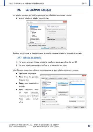 CEG212 - TÉCNICAS DE REPRESENTAÇÕES DIGITAIS 3D 2015
UNIVERSIDADE FEDERAL DO PARANÁ – SETOR DE CIÊNCIAS EXATAS - DEGRAF
Profª. Luzia Vidal de Souza Prof. Márcio Henrique de Sousa Carboni 121
25. GERAÇÃO DE TABELAS
As tabelas guardam um histórico dos materiais utilizados, quantidade e custo.
 Vista > tabelas > tabelas/quantidades
Escolher a opção que se deseja tabelar. Vamos inicialmente tabelar as paredes do modelo.
25.1 Tabelas de paredes
 Na janela anterior, lista de categoria, escolher a opção parede e dar um OK
 Na nova janela que aparece, configurar os elementos nas abas.
Aba Campos: nessa aba, adicionar os campos que se quer tabelar, como por exemplo:
 Tipo: nome da parede
 Área: área das paredes
daquele tipo
 Custo: custo associado à
parede.
 Valor Calculado: clicar
em valor calculado,
renomear para: Custo em
Reais, opção fórmula
ativa.
 