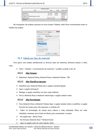 CEG212 - TÉCNICAS DE REPRESENTAÇÕES DIGITAIS 3D 2015
UNIVERSIDADE FEDERAL DO PARANÁ – SETOR DE CIÊNCIAS EXATAS - DEGRAF
Profª. Luzia Vidal de Souza Prof. Márcio Henrique de Sousa Carboni 123
No navegador de projetos aparece um novo campo: Tabelas, onde ficam armazenadas todas as
tabelas do projeto.
25.2 Tabela por tipo de material
Para gerar uma tabela considerando os diversos tipos de materiais, devemos acessar o menu
vista:
 Vista > Tabelas > Levantamento de materiais > escolher parede e dar ok.
25.2.1 Aba Campos:
 Selecionar: Material Nome, Material Área e Material Volume - OK
25.2.2 Aba Classificar/agrupar:
 Classificar por: Material Nome com a opção crescente ligada
 Ligar a opção total geral
 Desligar a opção: classificar em itens cada instância.
 Para o Material Área e Material volume ligar a opção calcular totais
25.2.3 Aba Formatação:
 Para Material Área e Material Volume: ligar a opção calcular totais e modificar a opção
formato do campo para não aparecer a unidade m2.
 Voltar na formatação do campo para colocar o valor calculado. Clicar em valor
calculado, renomear para Custo em Reais, para acrescentar o campo.
 Na opção tipo - deixar Área
 Na fórmula: Material Área * Material Custo
 Ligar na opção custo em reais calcular totais
 