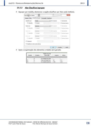 CEG212 - TÉCNICAS DE REPRESENTAÇÕES DIGITAIS 3D 2015
UNIVERSIDADE FEDERAL DO PARANÁ – SETOR DE CIÊNCIAS EXATAS - DEGRAF
Profª. Luzia Vidal de Souza Prof. Márcio Henrique de Sousa Carboni 128
25.5.2 Aba Classificar/agrupar:
 Agrupar por modelo, desmarcar a opção classificar por itens cada instância.
 Após a organização dos elementos a tabela será gerada.
 