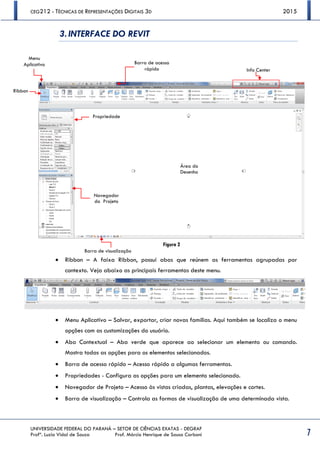 CEG212 - TÉCNICAS DE REPRESENTAÇÕES DIGITAIS 3D 2015
UNIVERSIDADE FEDERAL DO PARANÁ – SETOR DE CIÊNCIAS EXATAS - DEGRAF
Profª. Luzia Vidal de Souza Prof. Márcio Henrique de Sousa Carboni 7
3. INTERFACE DO REVIT
 Ribbon – A faixa Ribbon, possui abas que reúnem as ferramentas agrupadas por
contexto. Veja abaixo as principais ferramentas deste menu.
 Menu Aplicativo – Salvar, exportar, criar novas famílias. Aqui também se localiza o menu
opções com as customizações do usuário.
 Aba Contextual – Aba verde que aparece ao selecionar um elemento ou comando.
Mostra todas as opções para os elementos selecionados.
 Barra de acesso rápido – Acesso rápido a algumas ferramentas.
 Propriedades - Configura as opções para um elemento selecionado.
 Navegador de Projeto – Acesso às vistas criadas, plantas, elevações e cortes.
 Barra de visualização – Controla as formas de visualização de uma determinada vista.
Menu
Aplicativo Barra de acesso
rápido
Ribbon
Propriedade
s
Info Center
Área do
Desenho
Navegador
do Projeto
Barra de visualização
Figura 2
 