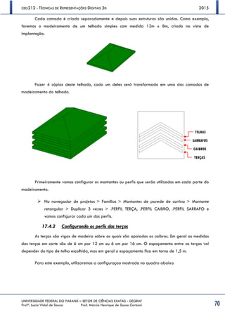 CEG212 - TÉCNICAS DE REPRESENTAÇÕES DIGITAIS 3D 2015
UNIVERSIDADE FEDERAL DO PARANÁ – SETOR DE CIÊNCIAS EXATAS - DEGRAF
Profª. Luzia Vidal de Souza Prof. Márcio Henrique de Sousa Carboni 70
Cada camada é criada separadamente e depois suas estruturas são unidas. Como exemplo,
faremos o madeiramento de um telhado simples com medida 12m x 8m, criado na vista de
implantação.
Fazer 4 cópias deste telhado, cada um deles será transformado em uma das camadas de
madeiramento do telhado.
Primeiramente vamos configurar os montantes ou perfis que serão utilizados em cada parte do
madeiramento.
 No navegador de projetos > Famílias > Montantes de parede de cortina > Montante
retangular > Duplicar 3 vezes > .PERFIL TERÇA, .PERFIL CAIBRO, .PERFIL SARRAFO e
vamos configurar cada um dos perfis.
17.4.2 Configurando os perfis das terças
As terças são vigas de madeira sobre as quais são apoiados os caibros. Em geral as medidas
das terças em corte são de 6 cm por 12 cm ou 6 cm por 16 cm. O espaçamento entre as terças vai
depender do tipo de telha escolhida, mas em geral o espaçamento fica em torno de 1,5 m.
Para este exemplo, utilizaremos a configuraçao mostrada no quadro abaixo.
TERÇAS
CAIBROS
SARRAFOS
TELHAS
 