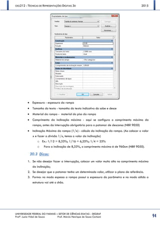 CEG212 - TÉCNICAS DE REPRESENTAÇÕES DIGITAIS 3D 2015
UNIVERSIDADE FEDERAL DO PARANÁ – SETOR DE CIÊNCIAS EXATAS - DEGRAF
Profª. Luzia Vidal de Souza Prof. Márcio Henrique de Sousa Carboni 94
 Espessura - espessura da rampa
 Tamanho do texto - tamanho do texto indicativo do sobe e desce
 Material da rampa - material do piso da rampa
 Comprimento da inclinação máxima - aqui se configura o comprimento máximo da
rampa, antes da interrupção obrigatória para o patamar de descanso (NBR 9050)
 Inclinação Máxima da rampa (1/x) - cálculo da inclinação da rampa. (Ao colocar o valor
x e fazer a divisão 1/x, temos o valor da inclinação)
o Ex.: 1/12 = 8,33%; 1/16 = 6,25%; 1/4 = 25%
o Para a inclinação de 8,33%, o comprimento máximo é de 960cm (NBR 9050).
20.3 Dicas:
1. Se não desejar fazer a interrupção, colocar um valor muito alto no comprimento máximo
da inclinação;
2. Se desejar que o patamar tenha um determinado valor, utilizar o plano de referência.
3. Forma: no modo espesso a rampa possui a espessura do parâmetro e no modo sólido a
estrutura vai até o chão.
 