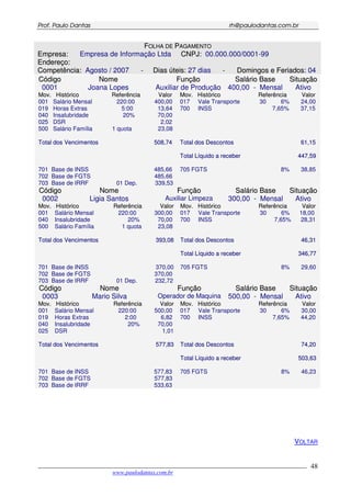 PPrrooff.. PPaauulloo DDaannttaass rrhh@@ppaauullooddaannttaass..ccoomm..bbrr
___________________________________________________________________________________________
www.paulodantas.com.br
48
FFOOLLHHAA DDEE PPAAGGAAMMEENNTTOO
EEmmpprreessaa:: Empresa de Informação Ltda CCNNPPJJ:: 00.000.000/0001-99
EEnnddeerreeççoo::
CCoommppeettêênncciiaa:: Agosto / 2007 - DDiiaass úútteeiiss: 27 dias - DDoommiinnggooss ee FFeerriiaaddooss: 04
CCóóddiiggoo
0001
NNoommee
Joana Lopes
FFuunnççããoo
Auxiliar de Produção
SSaalláárriioo BBaassee
400,00 - Mensal
SSiittuuaaççããoo
Ativo
MMoovv.. HHiissttóórriiccoo RReeffeerrêênncciiaa VVaalloorr
001 Salário Mensal 220:00 400,00
019 Horas Extras 5:00 13,64
040 Insalubridade 20% 70,00
025 DSR 2,02
500 Salário Família 1 quota 23,08
TToottaall ddooss VVeenncciimmeennttooss 550088,,7744
701 Base de INSS 485,66
702 Base de FGTS 485,66
703 Base de IRRF 01 Dep. 339,53
MMoovv.. HHiissttóórriiccoo RReeffeerrêênncciiaa VVaalloorr
017 Vale Transporte 30 6% 24,00
700 INSS 7,65% 37,15
TToottaall ddooss DDeessccoonnttooss 6611,,1155
TToottaall LLííqquuiiddoo aa rreecceebbeerr 444477,,5599
705 FGTS 8% 38,85
CCóóddiiggoo
0002
NNoommee
Ligia Santos
FFuunnççããoo
Auxiliar Limpeza
SSaalláárriioo BBaassee
300,00 - Mensal
SSiittuuaaççããoo
Ativo
MMoovv.. HHiissttóórriiccoo RReeffeerrêênncciiaa VVaalloorr
001 Salário Mensal 220:00 300,00
040 Insalubridade 20% 70,00
500 Salário Família 1 quota 23,08
TToottaall ddooss VVeenncciimmeennttooss 339933,,0088
701 Base de INSS 370,00
702 Base de FGTS 370,00
703 Base de IRRF 01 Dep. 232,72
MMoovv.. HHiissttóórriiccoo RReeffeerrêênncciiaa VVaalloorr
017 Vale Transporte 30 6% 18,00
700 INSS 7,65% 28,31
TToottaall ddooss DDeessccoonnttooss 4466,,3311
TToottaall LLííqquuiiddoo aa rreecceebbeerr 334466,,7777
705 FGTS 8% 29,60
CCóóddiiggoo
0003
NNoommee
Mario Silva
FFuunnççããoo
Operador de Maquina
SSaalláárriioo BBaassee
500,00 - Mensal
SSiittuuaaççããoo
Ativo
MMoovv.. HHiissttóórriiccoo RReeffeerrêênncciiaa VVaalloorr
001 Salário Mensal 220:00 500,00
019 Horas Extras 2:00 6,82
040 Insalubridade 20% 70,00
025 DSR 1,01
TToottaall ddooss VVeenncciimmeennttooss 557777,,8833
701 Base de INSS 577,83
702 Base de FGTS 577,83
703 Base de IRRF 533,63
MMoovv.. HHiissttóórriiccoo RReeffeerrêênncciiaa VVaalloorr
017 Vale Transporte 30 6% 30,00
700 INSS 7,65% 44,20
TToottaall ddooss DDeessccoonnttooss 7744,,2200
TToottaall LLííqquuiiddoo aa rreecceebbeerr 550033,,6633
705 FGTS 8% 46,23
VOLTAR
 