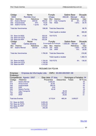 PPrrooff.. PPaauulloo DDaannttaass rrhh@@ppaauullooddaannttaass..ccoomm..bbrr
___________________________________________________________________________________________
www.paulodantas.com.br
49
CCóóddiiggoo
0004
NNoommee
Romildo Cruz
FFuunnççããoo
Chapa
SSaalláárriioo BBaassee
450,00 - Mensal
SSiittuuaaççããoo
Ativo
MMoovv.. HHiissttóórriiccoo RReeffeerrêênncciiaa VVaalloorr
001 Salário Mensal 220:00 450,00
040 Insalubridade 20% 70,00
500 Salário Família 1 quota 16,26
TToottaall ddooss VVeenncciimmeennttooss 553366,,2266
701 Base de INSS 520,00
702 Base de FGTS 520,00
703 Base de IRRF 02 Dep. 232,38
MMoovv.. HHiissttóórriiccoo RReeffeerrêênncciiaa VVaalloorr
017 Vale Transporte 30 6% 27,00
700 INSS 7,65% 39,78
TToottaall ddooss DDeessccoonnttooss 6666,,7788
TToottaall LLííqquuiiddoo aa rreecceebbeerr 446699,,4488
705 FGTS 8% 41,60
CCóóddiiggoo
0005
NNoommee
Carlos Silveira
FFuunnççããoo
Encarregado de Produção
SSaalláárriioo BBaassee
1.500,00 - Mensal
SSiittuuaaççããoo
Ativo
MMoovv.. HHiissttóórriiccoo RReeffeerrêênncciiaa VVaalloorr
001 Salário Mensal 220:00 1.700,00
TToottaall ddooss VVeenncciimmeennttooss 11..770000,,0000
701 Base de INSS 1.700,00
702 Base de FGTS 1.700,00
703 Base de IRRF 1.513,00
MMoovv.. HHiissttóórriiccoo RReeffeerrêênncciiaa VVaalloorr
700 INSS 7,65% 187,00
704 IRRF 15% 29,90
TToottaall ddooss DDeessccoonnttooss 221166,,9900
TToottaall LLííqquuiiddoo aa rreecceebbeerr 11..448833,,1100
705 FGTS 8% 136,00
RREESSUUMMOO DDAA FFOOLLHHAA
EEmmpprreessaa:: Empresa de Informação Ltda CCNNPPJJ:: 00.000.000/0001-99
EEnnddeerreeççoo::
CCoommppeettêênncciiaa:: Agosto / 2007 - DDiiaass úútteeiiss: 27 dias - DDoommiinnggooss ee FFeerriiaaddooss: 04
Código Histórico Proventos Descontos Totais Nº Func.
001 Salário Mensal 3.350,00 05
019 Horas Extras 20,46 02
040 Insalubridade 280,00 04
025 DSR 3,03 02
500 Salário Família 62,42 03
017 Vale Transporte 99,00 04
700 INSS 336,44 05
704 IRRF 29,90 01
TToottaall ddooss EEvveennttooss 33..771155,,9911 446655,,3344 33..225500,,5577
701 Base de INSS 3.653,49
702 Base de FGTS 3.653,49
703 Base de IRRF 1.513,00
705 FGTS 292,28
VOLTAR
 
