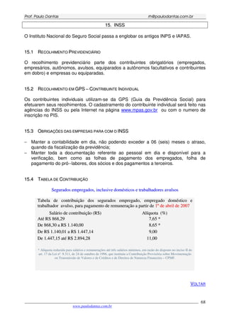 PPrrooff.. PPaauulloo DDaannttaass rrhh@@ppaauullooddaannttaass..ccoomm..bbrr
___________________________________________________________________________________________
www.paulodantas.com.br
68
1155.. IINNSSSS
O Instituto Nacional do Seguro Social passa a englobar os antigos INPS e IAPAS.
1155..11 RREECCOOLLHHIIMMEENNTTOO PPRREEVVIIDDEENNCCIIÁÁRRIIOO
O recolhimento previdenciário parte dos contribuintes obrigatórios (empregados,
empresários, autônomos, avulsos, equiparados a autônomos facultativos e contribuintes
em dobro) e empresas ou equiparadas.
1155..22 RREECCOOLLHHIIMMEENNTTOO EEMM GGPPSS –– CCOONNTTRRIIBBUUIINNTTEE IINNDDIIVVIIDDUUAALL
Os contribuintes individuais utilizam-se da GPS (Guia da Previdência Social) para
efetuarem seus recolhimentos. O cadastramento do contribuinte individual será feito nas
agências do INSS ou pela Internet na página www.mpas.gov.br ou com o numero de
inscrição no PIS.
1155..33 OOBBRRIIGGAAÇÇÕÕEESS DDAASS EEMMPPRREESSAASS PPAARRAA CCOOMM OO IINNSSSS
− Manter a contabilidade em dia, não podendo exceder a 06 (seis) meses o atraso,
quando da fiscalização da previdência;
− Manter toda a documentação referente ao pessoal em dia e disponível para a
verificação, bem como as folhas de pagamento dos empregados, folha de
pagamento do pró--labores, dos sócios e dos pagamentos a terceiros.
1155..44 TTAABBEELLAA DDEE CCOONNTTRRIIBBUUIIÇÇÃÃOO
SSeegguurraaddooss eemmpprreeggaaddooss,, iinncclluussiivvee ddoommééssttiiccooss ee ttrraabbaallhhaaddoorreess aavvuullssooss
TTaabbeellaa ddee ccoonnttrriibbuuiiççããoo ddooss sseegguurraaddooss eemmpprreeggaaddoo,, eemmpprreeggaaddoo ddoommééssttiiccoo ee
ttrraabbaallhhaaddoorr aavvuullssoo,, ppaarraa ppaaggaammeennttoo ddee rreemmuunneerraaççããoo aa ppaarrttiirr ddee 11ºº ddee aabbrriill ddee 22000077
SSaalláárriioo ddee ccoonnttrriibbuuiiççããoo ((RR$$)) AAllííqquuoottaa ((%%))
AAttéé RRSS 886688,,2299 77,,6655 **
DDee 886688,,3300 aa RR$$ 11..114400,,0000 88,,6655 **
DDee RR$$ 11..114400,,0011 aa RR$$ 11..444477,,1144 99,,0000
DDee 11..444477,,1155 aattéé RR$$ 22..889944,,2288 1111,,0000
* Alíquota reduzida para salários e remunerações até três salários mínimos, em razão do disposto no inciso II do
art. 17 da Lei nº. 9.311, de 24 de outubro de 1996, que instituiu a Contribuição Provisória sobre Movimentação
ou Transmissão de Valores e de Créditos e de Direitos de Natureza Financeira – CPMF.
VOLTAR
 