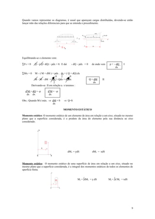 Quando vamos representar os diagramas, é usual que apareçam cargas distribuídas, devendo-se então
lançar mão das relações diferenciais para que se entenda o procedimento.


                                                                                         pdx
                                                                          M                       M+dM
                                                                              Q
                                                                     X
                                                                                                         X
                                                                                               Q+dQ
                                                          L

                                                 X                            X     dx

                                                     dx




Equilibrando-se o elemento vem:

∑Fv = 0     Q – ( Q+ dQ) – pdx = 0. E daí                       - dQ – pdx = 0      de onde vem               p = - dQ_   I
                                                                                                                   dx

∑Mx = 0      M – ( M + dM ) + pdx . dx + ( Q + dQ).dx
                                0    2       0
            M – M – dM + pdx2+ Qdx + dQdx                                         Q = dM         II
                              2                                                      dx
          Derivando-se II em relação a x teremos :

   d2M = dQ = -p               d2M = -p
    dx dx                       dx

Obs.: Quando M é máx. ⇒ dM = 0                       ⇒ Q=0.
                        dx

                                                     MOMENTO ESTÁTICO

Momento estático: O momento estático de um elemento de área em relação a um eixo, situado no mesmo
plano que a superfície considerada, é o produto da área do elemento pela sua distância ao eixo
considerado.


                   Y




                       X
                           Y
                                                              dMx = ydS             dMy = xdS
               0                 X



Momento estático: O momento estático de uma superfície de área em relação a um eixo, situado no
mesmo plano que a superfície considerada, é a integral dos momentos estáticos de todos os elementos de
uperfície finita.
                                     Y




                                                                     Mx = ∫dMx = y.dS                        My = ∫d My = xdS
                                         X
                                             Y




                                 0               X




                                                                                                                                9
 