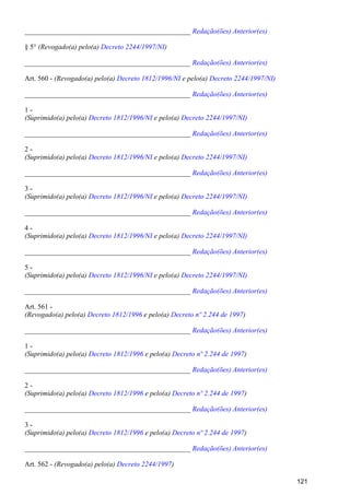 _______________________________________________ Redação(ões) Anterior(es)
§ 5° (Revogado(a) pelo(a) )Decreto 2244/1997/NI
_______________________________________________ Redação(ões) Anterior(es)
Art. 560 - (Revogado(a) pelo(a) e pelo(a)Decreto 1812/1996/NI Decreto 2244/1997/NI)
_______________________________________________ Redação(ões) Anterior(es)
1 -
(Suprimido(a) pelo(a) e pelo(a)Decreto 1812/1996/NI Decreto 2244/1997/NI)
_______________________________________________ Redação(ões) Anterior(es)
2 -
(Suprimido(a) pelo(a) e pelo(a)Decreto 1812/1996/NI Decreto 2244/1997/NI)
_______________________________________________ Redação(ões) Anterior(es)
3 -
(Suprimido(a) pelo(a) e pelo(a)Decreto 1812/1996/NI Decreto 2244/1997/NI)
_______________________________________________ Redação(ões) Anterior(es)
4 -
(Suprimido(a) pelo(a) e pelo(a)Decreto 1812/1996/NI Decreto 2244/1997/NI)
_______________________________________________ Redação(ões) Anterior(es)
5 -
(Suprimido(a) pelo(a) e pelo(a)Decreto 1812/1996/NI Decreto 2244/1997/NI)
_______________________________________________ Redação(ões) Anterior(es)
Art. 561 -
(Revogado(a) pelo(a) e pelo(a) )Decreto 1812/1996 Decreto nº 2.244 de 1997
_______________________________________________ Redação(ões) Anterior(es)
1 -
(Suprimido(a) pelo(a) e pelo(a) )Decreto 1812/1996 Decreto nº 2.244 de 1997
_______________________________________________ Redação(ões) Anterior(es)
2 -
(Suprimido(a) pelo(a) e pelo(a) )Decreto 1812/1996 Decreto nº 2.244 de 1997
_______________________________________________ Redação(ões) Anterior(es)
3 -
(Suprimido(a) pelo(a) e pelo(a) )Decreto 1812/1996 Decreto nº 2.244 de 1997
_______________________________________________ Redação(ões) Anterior(es)
Art. 562 - (Revogado(a) pelo(a) )Decreto 2244/1997
121
 