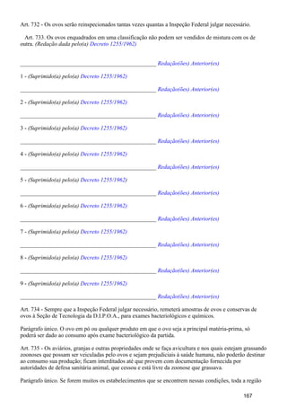 Art. 732 - Os ovos serão reinspecionados tantas vezes quantas a Inspeção Federal julgar necessário.
Art. 733. Os ovos enquadrados em uma classificação não podem ser vendidos de mistura com os de
outra. (Redação dada pelo(a) Decreto 1255/1962)
_______________________________________________ Redação(ões) Anterior(es)
1 - (Suprimido(a) pelo(a) Decreto 1255/1962)
_______________________________________________ Redação(ões) Anterior(es)
2 - (Suprimido(a) pelo(a) Decreto 1255/1962)
_______________________________________________ Redação(ões) Anterior(es)
3 - (Suprimido(a) pelo(a) Decreto 1255/1962)
_______________________________________________ Redação(ões) Anterior(es)
4 - (Suprimido(a) pelo(a) Decreto 1255/1962)
_______________________________________________ Redação(ões) Anterior(es)
5 - (Suprimido(a) pelo(a) )Decreto 1255/1962
_______________________________________________ Redação(ões) Anterior(es)
6 - (Suprimido(a) pelo(a) Decreto 1255/1962)
_______________________________________________ Redação(ões) Anterior(es)
7 - (Suprimido(a) pelo(a) Decreto 1255/1962)
_______________________________________________ Redação(ões) Anterior(es)
8 - (Suprimido(a) pelo(a) Decreto 1255/1962)
_______________________________________________ Redação(ões) Anterior(es)
9 - (Suprimido(a) pelo(a) Decreto 1255/1962)
_______________________________________________ Redação(ões) Anterior(es)
Art. 734 - Sempre que a Inspeção Federal julgar necessário, remeterá amostras de ovos e conservas de
ovos à Seção de Tecnologia da D.I.P.O.A., para exames bacteriológicos e químicos.
Parágrafo único. O ovo em pó ou qualquer produto em que o ovo seja a principal matéria-prima, só
poderá ser dado ao consumo após exame bacteriológico da partida.
Art. 735 - Os aviários, granjas e outras propriedades onde se faça avicultura e nos quais estejam grassando
zoonoses que possam ser veiculadas pelo ovos e sejam prejudiciais à saúde humana, não poderão destinar
ao consumo sua produção; ficam interditados até que provem com documentação fornecida por
autoridades de defesa sanitária animal, que cessou e está livre da zoonose que grassava.
Parágrafo único. Se forem muitos os estabelecimentos que se encontrem nessas condições, toda a região
167
 