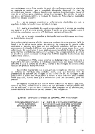 representativas é pois, a única maneira de reunir informações seguras sobre a existência
ou ausência de resíduos face a capacidade laboratorial disponível. Em vista da
diversidade dos tipos de resíduos e dos alimentos passíveis de contaminação, é possível
mais de um enfoque para estabelecer planos de amostragem. Sem dúvida, na maioria
dos planos conhecidos, relativos a resíduos de drogas, são feitas algumas suposições
estatísticas básicas, tais como:
4.1 - se os resíduos encontram-se uniformemente distribuídos em toda a
população testada, num determinado período de tempo;
4.2 - qual a probabilidade de encontrarmos exatamente X animais ou produtos
que superam o LMR em uma amostra aleatória N dentro de uma população n com X
animais ou produtos que superem o LMR distribuído hipergeometricamente;
4.3. - se em grandes populações, a distribuição hipergeométrica pode aproximar-
se da distribuição binomial.
No princípio estatístico acima referido, baseiam-se os planos de amostragem do PNCR do
Brasil e os de vários outros países. Normalmente, os programas de controle estão
destinados a garantir, com base em um coeficiente estatístico definido, que a
percentagem de violação do LMR em uma população animal ocorra abaixo de um valor
determinado. Se encontramos X casos positivos, podemos calcular limites de confiança
para obtermos a verdadeira percentagem de violações na população estudada. O número
de amostras a serem analisadas nos Programas do PNCR, depende da classificação das
substâncias a analisar.
A amostragem do PNCR, no que se refere aos Subprogramas de Monitoramento e
Exploratório, tem como referência a metodologia recomendada pelo Codex Alimentarius
(QUADRO I) para a colheita de amostras, visando a determinação de remanescentes
residuais em produtos de origem animal.
Esse modelo é apropriado para o caso, pois as populações de interesse consistem
de milhares de indivíduos e/ou unidades. Assim, para que tenhamos 95% de
probabilidade de detectar uma violação, se ela ocorrer em 1% da população, basta
pesquisarmos o evento em 299 (duzentos e noventa e nove) indivíduos e/ou unidades
dessa população, número esse que é arredondado para 300 (trezentos), para fins
práticos.
Em espécies ou produtos que tenham menor participação na dieta da população,
como os equídeos, admite-se que a violação só seja detectada se estiver presente em
5% da população, o que nos leva a pesquisar cada composto em 59 amostras/ano,
número esse que é arredondado para 60 (sessenta) para fins práticos.
QUADRO I – LIMITES ESTATÍSTICOS DE CONFIANÇA PARA AMOSTRAGEM
N.º MÍNIMO DE AMOSTRAS NECESSÁRIAS PARA
DETECTAR UM CASO DE LIMITES SUPERIORES
ESTABELECIDOS COM NÍVEL DE CONFIANÇA
INCIDÊNCIA PERCENTUAL DE
LIMITES SUPERIORES
ESTABELECIDOS NUMA
POPULAÇÃO 90% 95% 99%
35 6 7 11
30 7 9 13
25 9 11 17
20 11 14 21
15 15 19 29
10 22 29 44
5 45 59 90
250
 