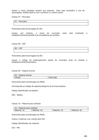 Anotar o nome completo sempre que possível. Caso seja necessário o uso de
abreviações, NUNCA fazê-lo com o primeiro e o último nome.
Campo 07 - Município
07 – Município
Preenchido pelo Encarregado do SIF;
Lançar, por extenso, o nome do município onde está localizado o
estabelecimento/proprietário de procedência da amostra.
Campo 08 - CEP
08 – CEP
Preenchido pelo Encarregado do SIF;
Lançar o código de endereçamento postal do município onde se localiza o
Estabelecimento/Proprietário.
Campo 09 - Espécie Animal
09 – Espécie Animal
Código Descrição
Preenchido pela Coordenação do PNCR;
Corresponde ao código da espécie/categoria do animal produtor.
Código Identificador da Espécie
090 - Abelha
Campo 10 - Material para Colheita
10 – Material para Colheita
Material 01 Material 02 Material 03 Material 04
Preenchido pela Coordenação do PNCR;
Indica o material a ser colhido pelo SIF.
Código Identificador do material
015 - Mel
285
 