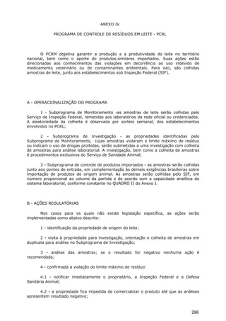 ANEXO IV
PROGRAMA DE CONTROLE DE RESÍDUOS EM LEITE - PCRL
O PCRM objetiva garantir a produção e a produtividade do leite no território
nacional, bem como o aporte do produtos.similares importados. Suas ações estão
direcionadas aos conhecimentos das violações em decorrência ao uso indevido de
medicamento veterinário ou de contaminantes ambientais. Para isto, são colhidas
amostras de leite, junto aos estabelecimentos sob Inspeção Federal (SIF).
A - OPERACIONALIZAÇÃO DO PROGRAMA
1 - Subprograma de Monitoramento -as amostras de leite serão colhidas pelo
Serviço de Inspeção Federal, remetidas aos laboratórios da rede oficial ou credenciados.
A aleatoriedade da colheita é observada por sorteio semanal, dos estabelecimentos
envolvidos no PCRL;
2 - Subprograma de Investigação - as propriedades identificadas pelo
Subprograma de Monitoramento, cujas amostras violaram o limite máximo de resíduo
ou indicam o uso de drogas proibidas, serão submetidas a uma investigação com colheita
de amostras para análise laboratorial. A investigação, bem como a colheita de amostras
é procedimentos exclusivos do Serviço de Sanidade Animal;
3 - Subprograma de controle de produtos importados - as amostras serão colhidas
junto aos pontos de entrada, em complementação às demais exigências brasileiras sobre
importação de produtos de origem animal. As amostras serão colhidas pelo SIF, em
número proporcional ao volume da partida e de acordo com a capacidade analítica do
sistema laboratorial, conforme constante no QUADRO II do Anexo I.
B - AÇÕES REGULATÓRIAS
Nos casos para os quais não existe legislação específica, as ações serão
implementadas como abaixo descrito:
1 - identificação da propriedade de origem do leite;
2 - visita à propriedade para investigação, orientação e colheita de amostras em
duplicata para análise no Subprograma de Investigação;
3 - análise das amostras; se o resultado for negativo nenhuma ação é
recomendada;
4 - confirmada a violação do limite máximo de resíduo:
4.1 - notificar imediatamente o proprietário, a Inspeção Federal e a Defesa
Sanitária Animal;
4.2 - a propriedade fica impedida de comercializar o produto até que as análises
apresentem resultado negativo;
296
 