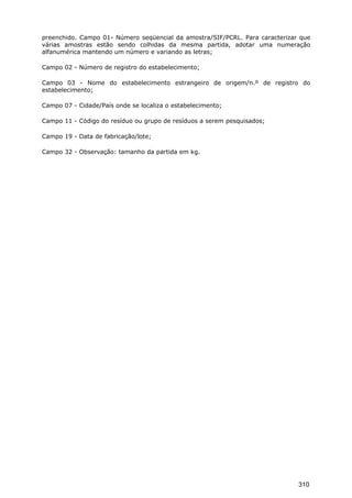 preenchido. Campo 01- Número seqüencial da amostra/SIF/PCRL. Para caracterizar que
várias amostras estão sendo colhidas da mesma partida, adotar uma numeração
alfanumérica mantendo um número e variando as letras;
Campo 02 - Número de registro do estabelecimento;
Campo 03 - Nome do estabelecimento estrangeiro de origem/n.º de registro do
estabelecimento;
Campo 07 - Cidade/País onde se localiza o estabelecimento;
Campo 11 - Código do resíduo ou grupo de resíduos a serem pesquisados;
Campo 19 - Data de fabricação/lote;
Campo 32 - Observação: tamanho da partida em kg.
310
 