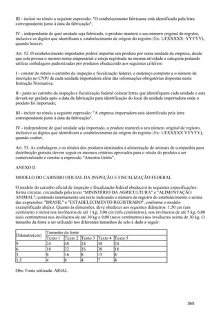 III - incluir no rótulo a seguinte expressão: "O estabelecimento fabricante está identificado pela letra
correspondente junto à data da fabricação";
IV - independente de qual unidade seja fabricado, o produto manterá o seu número original de registro,
inclusive os dígitos que identificam o estabelecimento de origem do registro (Ex: UFXXXXX- YYYYY),
quando houver.
Art. 52. O estabelecimento importador poderá importar um produto por outra unidade da empresa, desde
que esta possua o mesmo nome empresarial e esteja registrada na mesma atividade e categoria podendo
utilizar embalagens padronizadas por produtos obedecendo aos seguintes critérios:
I - constar do rótulo o carimbo da inspeção e fiscalização federal, o endereço completo e o número de
inscrição no CNPJ de cada unidade importadora além das informações obrigatórias dispostas nesta
Instrução Normativa;
II - junto ao carimbo da inspeção e fiscalização federal colocar letras que identifiquem cada unidade e esta
deverá ser grafada após a data da fabricação para identificação do local da unidade importadora onde o
produto foi importado;
III - incluir no rótulo a seguinte expressão: "A empresa importadora está identificada pela letra
correspondente junto à data da fabricação".
IV - independente de qual unidade seja importado, o produto manterá o seu número original de registro,
inclusive os dígitos que identificam o estabelecimento de origem do registro (Ex: UFXXXXX YYYYY),
quando couber.
Art. 53. As embalagens e os rótulos dos produtos destinados à alimentação de animais de companhia para
distribuição gratuita devem seguir os mesmos critérios aprovados para o rótulo do produto a ser
comercializado e constar a expressão "Amostra Grátis".
ANEXO II
MODELO DO CARIMBO OFICIAL DA INSPEÇÃO E FISCALIZAÇÃO FEDERAL
O modelo do carimbo oficial de inspeção e fiscalização federal obedecerá às seguintes especificações:
forma circular, circundado pelo texto "MINISTÉRIO DA AGRICULTURA" e "ALIMENTAÇÃO
ANIMAL"; contendo internamente um texto indicando o número de registro do estabelecimento e acima
das expressões: "BRASIL" e "ESTABELECIMENTO REGISTRADO", conforme o modelo
exemplificado abaixo. Quanto às dimensões, deve obedecer aos seguintes diâmetros: 1,50 cm (um
centímetro e meio) nos invólucros de até 1 kg; 3,00 cm (três centímetros), nos invólucros de até 5 kg; 6,00
(seis centímetros) nos invólucros de até 30 kg e 9,00 (nove centímetros) nos invólucros acima de 30 kg. O
tamanho da fonte a ser utilizado nos diferentes tamanhos de selo é dado a seguir:
Diâmetro(cm)
Tamanho da fonte
Texto 1 Texto 2 Texto 3 Texto 4 Texto 5
9 24 48 24 48 24
6 18 32 16 30 18
3 8 16 8 15 8
1,5 4 8 4 7 4
Obs: Fonte utilizada: ARIAL
365
 