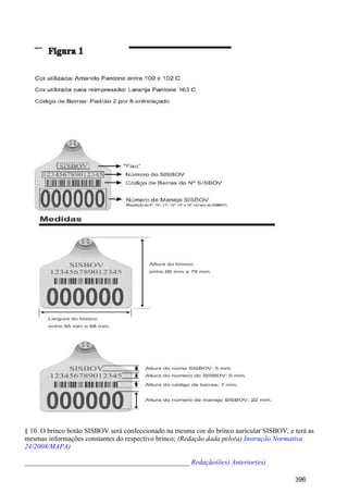 § 10. O brinco botão SISBOV será confeccionado na mesma cor do brinco auricular SISBOV, e terá as
mesmas informações constantes do respectivo brinco; (Redação dada pelo(a) Instrução Normativa
)24/2008/MAPA
_______________________________________________ Redação(ões) Anterior(es)
396
 