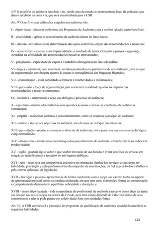 § 6º O relatório de auditoria terá duas vias, sendo uma destinada ao representante legal da entidade, que
dará o recebido na outra via, que será encaminhada para a CSR.
Art. 9º O perfil e suas definições exigidos aos auditores são:
I - objetividade - alcançar o objetivo dos Programas de Auditoria com a melhor relação custo/benefício;
II - criatividade - aplicar o procedimento de auditoria diante de fatos novos;
III - decisão - ter iniciativa na determinação das ações corretivas, objeto das recomendações e ressalvas;
IV - senso crítico - avaliar, com imparcialidade, o resultado de testes efetuados e provas - segurança.
Acreditar na efetividade das recomendações/ressalvas apresentadas;
V - perspicácia - capacidade de captar a verdadeira abrangência do fato sob análise;
VI - lógica - estruturar, com coerência, os fatos produzidos em parâmetros de sensibilidade, para criação
de argumentação convincente quanto às causas e conseqüências das fraquezas flagradas;
VII - comunicação - estar capacitado a fornecer e receber dados e informações;
VIII - persuasão - força de argumentação para convencer o auditado quanto ao impacto das
recomendações e ressalvas propostas;
IX - iniciativa - empreender a ação que deflagra o processo de auditoria;
X - equilíbrio - manter administradas suas opiniões pessoais e ater-se às evidências de auditorias
constatadas;
XI - empatia - raciocinar contínua e consistentemente, como se ocupasse a posição do auditado;
XII - síntese - ater-se aos objetivos da auditoria, sem desvios de enfoque em minúcias;
XIII - persistência - montar e remontar evidências de auditorias, até o ponto em que sua amarração lógica
esteja formalizada;
XIV - dinamismo - manter uma metodologia dos procedimentos de auditoria, a fim de elevar os índices de
produtividade;
XV - sigilo - guardar sigilo sobre o que souber em razão de sua função e evitar conflitos ou críticas em
relação ao trabalho junto a terceiros ou em lugares públicos;
XVI - zelo - zelar pela sua competência exclusiva na orientação técnica dos serviços a seu cargo, ter
habilidade, precaução e zelo profissional no desempenho de suas funções, na fiel execução dos trabalhos e
pela correta aplicação da legislação;
XVII - discrição e postura- apresentar-se de forma condizente com o cargo que exerce, tanto no aspecto
de apresentação pessoal como na conduta moderada, em que seus atos, expressões, forma de comunicação
e comportamento demonstrem equilíbrio, sobriedade e discrição; e
XVIII - dever ético da ajuda - é de competência do profissional de auditoria exercer o dever ético da ajuda
em relação aos seus colegas na prática da virtude, pois uma classe depende do valor individual de seus
componentes e não se pode pensar em coletividade forte sem unidades fortes.
Art. 10. A CSR coordenará a execução de programas de qualificação de auditores visando desenvolver as
seguintes habilidades:
423
 