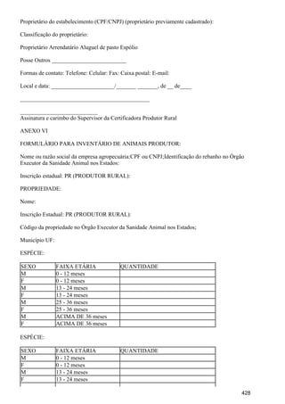 Proprietário do estabelecimento (CPF/CNPJ) (proprietário previamente cadastrado):
Classificação do proprietário:
Proprietário Arrendatário Aluguel de pasto Espólio
Posse Outros __________________________
Formas de contato: Telefone: Celular: Fax: Caixa postal: E-mail:
Local e data: ______________________/_______ _______, de __ de____
_____________________________________________
___________________________
Assinatura e carimbo do Supervisor da Certificadora Produtor Rural
ANEXO VI
FORMULÁRIO PARA INVENTÁRIO DE ANIMAIS PRODUTOR:
Nome ou razão social da empresa agropecuária:CPF ou CNPJ;Identificação do rebanho no Órgão
Executor da Sanidade Animal nos Estados:
Inscrição estadual: PR (PRODUTOR RURAL):
PROPRIEDADE:
Nome:
Inscrição Estadual: PR (PRODUTOR RURAL):
Código da propriedade no Órgão Executor da Sanidade Animal nos Estados;
Município UF:
ESPÉCIE:
SEXO FAIXA ETÁRIA QUANTIDADE
M 0 - 12 meses
F 0 - 12 meses
M 13 - 24 meses
F 13 - 24 meses
M 25 - 36 meses
F 25 - 36 meses
M ACIMA DE 36 meses
F ACIMA DE 36 meses
ESPÉCIE:
SEXO FAIXA ETÁRIA QUANTIDADE
M 0 - 12 meses
F 0 - 12 meses
M 13 - 24 meses
F 13 - 24 meses
428
 
