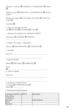 i. Controle dos Eventos Sanitários
Vacinações Específicas ÉPOCA Observação;
Febre Aftosa
Clostridioses
Brucelose Somente fêmeas
Raiva
Botulismo
430
 