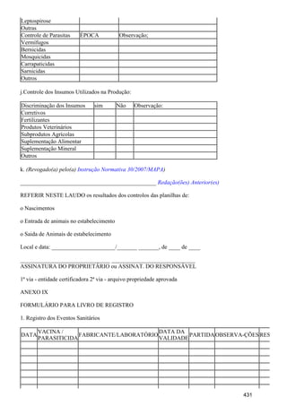 Leptospirose
Outras
Controle de Parasitas ÉPOCA Observação;
Vermífugos
Bernicidas
Mosquicidas
Carrapaticidas
Sarnicidas
Outros
j.Controle dos Insumos Utilizados na Produção:
Discriminação dos Insumos sim Não Observação:
Corretivos
Fertilizantes
Produtos Veterinários
Subprodutos Agrícolas
Suplementação Alimentar
Suplementação Mineral
Outros
k. (Revogado(a) pelo(a) )Instrução Normativa 30/2007/MAPA
_______________________________________________ Redação(ões) Anterior(es)
REFERIR NESTE LAUDO os resultados dos controlos das planilhas de:
o Nascimentos
o Entrada de animais no estabelecimento
o Saida de Animais de estabelecimento
Local e data: ______________________/_______ _______, de ____ de ____
_______________________________ _____________________________
ASSINATURA DO PROPRIETÁRIO ou ASSINAT. DO RESPONSÁVEL
1ª via - entidade certificadora 2ª via - arquivo propriedade aprovada
ANEXO IX
FORMULÁRIO PARA LIVRO DE REGISTRO
1. Registro dos Eventos Sanitários
DATA
VACINA /
PARASITICIDA
FABRICANTE/LABORATÓRIO
DATA DA
VALIDADE
PARTIDAOBSERVA-ÇÕESRESP.INF.
431
 