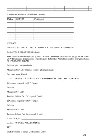 2. Registro dos Insumos Utilizados na Produção:
DATA INSUMO Observação:
ANEXO X
FORMULÁRIO PARA LAUDO DE VISTORIA DO ESTABELECIMENTO RURAL
CADASTRO DE PRODUTOR RURAL:
Tipo: Pessoa física Pessoa jurídica Nome do produtor ou razão social da empresa agropecuária:CPF ou
CNPJ:Identificação do rebanho no Órgão Executor da Sanidade Animal nos Estados: Inscrição estadual:
PR (PRODUTOR RURAL):
Endereço para correspondência:
Município: CEP: UF:Formas de contato:Telefone: Celular:
Fax: caixa postal: E-mail:
CADASTRO DE RESPONSÁVEL PELAS INFORMAÇÕES DO ESTABELECIMENTO
1) Nome do responsável: CPF: Função:
Endereço:
Município: UF: CEP:
Telefone: Celular: Fax: Caixa postal: E-mail:
2) Nome do responsável: CPF: Função:
Endereço:
Município: UF: CEP:
Telefone: Celular: Fax: Caixa postal: E-mail:
ATUALIZAÇÃO:__________________________________________
CADASTRO DO ESTABELECIMENTO
TIPO:
Estabelecimento de criação Confinamento Outros
432
 