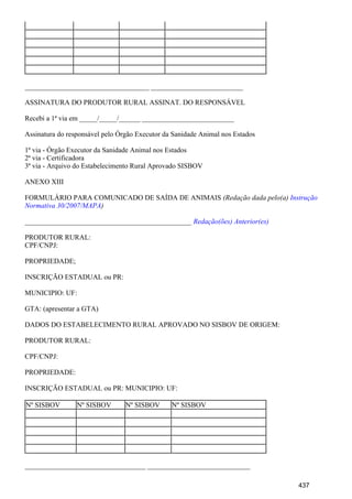 ___________________________________ __________________________
ASSINATURA DO PRODUTOR RURAL ASSINAT. DO RESPONSÁVEL
Recebi a 1ª via em _____/_____/______ __________________________
Assinatura do responsável pelo Órgão Executor da Sanidade Animal nos Estados
1ª via - Órgão Executor da Sanidade Animal nos Estados
2ª via - Certificadora
3ª via - Arquivo do Estabelecimento Rural Aprovado SISBOV
ANEXO XIII
FORMULÁRIO PARA COMUNICADO DE SAÍDA DE ANIMAIS (Redação dada pelo(a) Instrução
)Normativa 30/2007/MAPA
_______________________________________________ Redação(ões) Anterior(es)
PRODUTOR RURAL:
CPF/CNPJ:
PROPRIEDADE;
INSCRIÇÃO ESTADUAL ou PR:
MUNICIPIO: UF:
GTA: (apresentar a GTA)
DADOS DO ESTABELECIMENTO RURAL APROVADO NO SISBOV DE ORIGEM:
PRODUTOR RURAL:
CPF/CNPJ:
PROPRIEDADE:
INSCRIÇÃO ESTADUAL ou PR: MUNICIPIO: UF:
Nº SISBOV Nº SISBOV Nº SISBOV Nº SISBOV
__________________________________ _____________________________
437
 