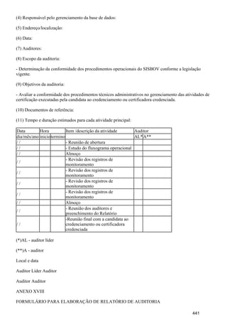 (4) Responsável pelo gerenciamento da base de dados:
(5) Endereço/localização:
(6) Data:
(7) Auditores:
(8) Escopo da auditoria:
- Determinação da conformidade dos procedimentos operacionais do SISBOV conforme a legislação
vigente.
(9) Objetivos da auditoria:
- Avaliar a conformidade dos procedimentos técnicos administrativos no gerenciamento das atividades de
certificação executadas pela candidata ao credenciamento ou certificadora credenciada.
(10) Documentos de referência:
(11) Tempo e duração estimados para cada atividade principal:
Data Hora Item /descrição da atividade Auditor
dia/mês/ano iniciotermino AL*A**
/ / - Reunião de abertura
/ / - Estudo do fluxograma operacional
/ / Almoço
/ /
- Revisão dos registros de
monitoramento
/ /
- Revisão dos registros de
monitoramento
/ /
- Revisão dos registros de
monitoramento
/ /
- Revisão dos registros de
monitoramento
/ / Almoço
/ /
- Reunião dos auditores e
preenchimento do Relatório
/ /
-Reunião final com a candidata ao
credenciamento ou certificadora
credenciada
(*)AL - auditor líder
(**)A - auditor
Local e data
Auditor Líder Auditor
Auditor Auditor
ANEXO XVIII
FORMULÁRIO PARA ELABORAÇÃO DE RELATÓRIO DE AUDITORIA
441
 