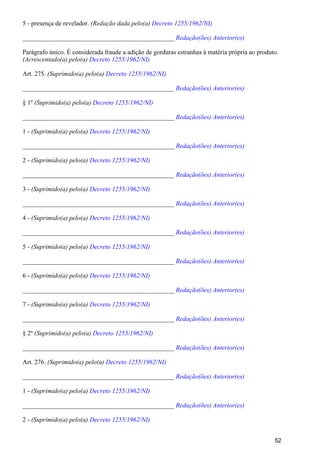5 - presença de revelador. (Redação dada pelo(a) Decreto 1255/1962/NI)
_______________________________________________ Redação(ões) Anterior(es)
Parágrafo único. É considerada fraude a adição de gorduras estranhas à matéria própria ao produto.
(Acrescentado(a) pelo(a) Decreto 1255/1962/NI)
Art. 275. (Suprimido(a) pelo(a) Decreto 1255/1962/NI)
_______________________________________________ Redação(ões) Anterior(es)
§ 1º (Suprimido(a) pelo(a) Decreto 1255/1962/NI)
_______________________________________________ Redação(ões) Anterior(es)
1 - (Suprimido(a) pelo(a) Decreto 1255/1962/NI)
_______________________________________________ Redação(ões) Anterior(es)
2 - (Suprimido(a) pelo(a) Decreto 1255/1962/NI)
_______________________________________________ Redação(ões) Anterior(es)
3 - (Suprimido(a) pelo(a) Decreto 1255/1962/NI)
_______________________________________________ Redação(ões) Anterior(es)
4 - (Suprimido(a) pelo(a) Decreto 1255/1962/NI)
_______________________________________________ Redação(ões) Anterior(es)
5 - (Suprimido(a) pelo(a) Decreto 1255/1962/NI)
_______________________________________________ Redação(ões) Anterior(es)
6 - (Suprimido(a) pelo(a) Decreto 1255/1962/NI)
_______________________________________________ Redação(ões) Anterior(es)
7 - (Suprimido(a) pelo(a) Decreto 1255/1962/NI)
_______________________________________________ Redação(ões) Anterior(es)
§ 2º (Suprimido(a) pelo(a) Decreto 1255/1962/NI)
_______________________________________________ Redação(ões) Anterior(es)
Art. 276. (Suprimido(a) pelo(a) Decreto 1255/1962/NI)
_______________________________________________ Redação(ões) Anterior(es)
1 - (Suprimido(a) pelo(a) Decreto 1255/1962/NI)
_______________________________________________ Redação(ões) Anterior(es)
2 - (Suprimido(a) pelo(a) Decreto 1255/1962/NI)
52
 