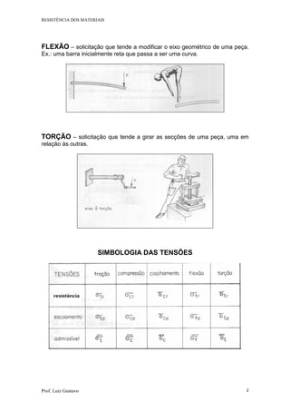 RESISTÊNCIA DOS MATERIAIS
Prof. Luiz Gustavo 2
FLEXÃO – solicitação que tende a modificar o eixo geométrico de uma peça.
Ex.: uma barra inicialmente reta que passa a ser uma curva.
TORÇÃO – solicitação que tende a girar as secções de uma peça, uma em
relação às outras.
SIMBOLOGIA DAS TENSÕES
 