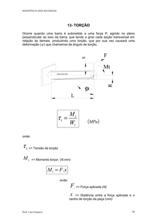 RESISTÊNCIA DOS MATERIAIS
Prof. Luiz Gustavo 30
13- TORÇÃO
Ocorre quando uma barra é submetida a uma força P, agindo no plano
perpendicular ao eixo da barra, que tende a girar cada seção transversal em
relação às demais, produzindo uma torção, que por sua vez causará uma
deformação (ϕ ) que chamamos de ângulo de torção.
ϕ
x
Mt
F
L
R
LINHA NEUTRA
t
t
t
W
M
=τ
( )MPa
onde:
tτ => Tensão de torção
tM => Momento torçor (N.mm)
xFMt .=
onde:
F => Força aplicada (N)
x => Distância entre a força aplicada e o
centro de torção da peça (mm)
 