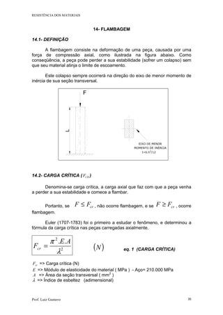 RESISTÊNCIA DOS MATERIAIS
Prof. Luiz Gustavo 35
14- FLAMBAGEM
14.1- DEFINIÇÃO
A flambagem consiste na deformação de uma peça, causada por uma
força de compressão axial, como ilustrada na figura abaixo. Como
conseqüência, a peça pode perder a sua estabilidade (sofrer um colapso) sem
que seu material atinja o limite de escoamento.
Este colapso sempre ocorrerá na direção do eixo de menor momento de
inércia de sua seção transversal.
I=b.h3
/12
EIXO DE MENOR
MOMENTO DE INÉRCIA
F
L
14.2- CARGA CRÍTICA ( CRF )
Denomina-se carga crítica, a carga axial que faz com que a peça venha
a perder a sua estabilidade e comece a flambar.
Portanto, se crFF ≤ , não ocorre flambagem, e se crFF ≥ , ocorre
flambagem.
Euler (1707-1783) foi o primeiro a estudar o fenômeno, e determinou a
fórmula da carga crítica nas peças carregadas axialmente.
2
2
..
λ
π AE
Fcr = ( )N eq. 1 (CARGA CRÍTICA)
crF => Carga crítica (N)
E => Módulo de elasticidade do material ( MPa ) - Aço= 210.000 MPa
A => Área da seção transversal ( mm2
)
λ => Índice de esbeltez (adimensional)
 