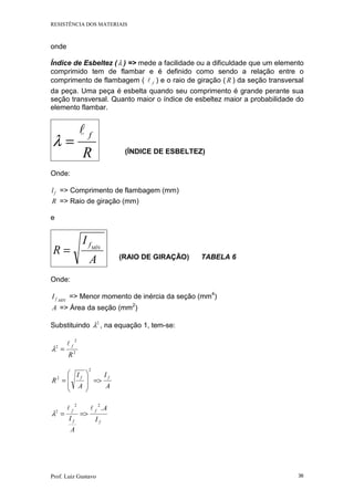 RESISTÊNCIA DOS MATERIAIS
Prof. Luiz Gustavo 36
onde
Índice de Esbeltez (λ ) => mede a facilidade ou a dificuldade que um elemento
comprimido tem de flambar e é definido como sendo a relação entre o
comprimento de flambagem ( fl ) e o raio de giração ( R ) da seção transversal
da peça. Uma peça é esbelta quando seu comprimento é grande perante sua
seção transversal. Quanto maior o índice de esbeltez maior a probabilidade do
elemento flambar.
R
fl
=λ
(ÍNDICE DE ESBELTEZ)
Onde:
fl => Comprimento de flambagem (mm)
R => Raio de giração (mm)
e
A
I
R MÍNf
= (RAIO DE GIRAÇÃO) TABELA 6
Onde:
MINfI => Menor momento de inércia da seção (mm4
)
A => Área da seção (mm2
)
Substituindo 2
λ , na equação 1, tem-se:
2
2
2
R
fl
=λ
A
I
A
I
R
ff
=>








=
2
2
f
f
f
f
I
A
A
I
.
22
2
ll
=>=λ
 