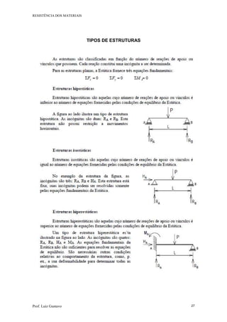 RESISTÊNCIA DOS MATERIAIS
Prof. Luiz Gustavo 27
TIPOS DE ESTRUTURAS
 