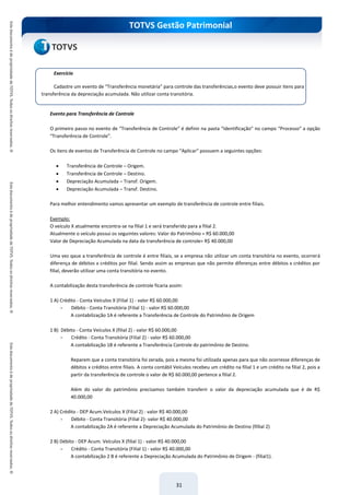 TOTVS Gestão Patrimonial
31
Evento para Transferência de Controle
O primeiro passo no evento de “Transferência de Controle” é definir na pasta “Identificação” no campo “Processo” a opção
“Transferência de Controle”.
Os itens de eventos de Transferência de Controle no campo “Aplicar” possuem a seguintes opções:
 Transferência de Controle – Origem.
 Transferência de Controle – Destino.
 Depreciação Acumulada – Transf. Origem.
 Depreciação Acumulada – Transf. Destino.
Para melhor entendimento vamos apresentar um exemplo de transferência de controle entre filiais.
Exemplo:
O veículo X atualmente encontra-se na filial 1 e será transferido para a filial 2.
Atualmente o veículo possui os seguintes valores: Valor do Patrimônio = R$ 60.000,00
Valor de Depreciação Acumulada na data da transferência de controle= R$ 40.000,00
Uma vez qaue a transferência de controle é entre filiais, se a empresa não utilizar um conta transitória no evento, ocorrerá
diferença de débitos x créditos por filial. Sendo assim as empresas que não permite diferenças entre débitos x créditos por
filial, deverão utilizar uma conta transitória no evento.
A contabilização desta transferência de controle ficaria assim:
1 A) Crédito - Conta Veículos X (Filial 1) - valor R$ 60.000,00
- Débito - Conta Transitória (Filial 1) - valor R$ 60.000,00
A contabilização 1A é referente a Transferência de Controle do Patrimônio de Origem
1 B) Débito - Conta Veículos X (filial 2) - valor R$ 60.000,00
- Crédito - Conta Transitória (Filial 2) - valor R$ 60.000,00
A contabilização 1B é referente a Transferência Controle do patrimônio de Destino.
Reparem que a conta transitória foi zerada, pois a mesma foi utilizada apenas para que não ocorresse diferenças de
débitos x créditos entre filiais. A conta contábil Veículos recebeu um crédito na filial 1 e um crédito na filial 2, pois a
partir da transferência de controle o valor de R$ 60.000,00 pertence a filial 2.
Além do valor do patrimônio precisamos também transferir o valor da depreciação acumulada que é de R$
40.000,00
2 A) Crédito - DEP Acum.Veículos X (Filial 2) - valor R$ 40.000,00
- Débito - Conta Transitória (Filial 2)- valor R$ 40.000,00
A contabilização 2A é referente a Depreciação Acumulada do Patrimônio de Destino (fillial 2)
2 B) Débito - DEP Acum. Veículos X (filial 1) - valor R$ 40.000,00
- Crédito - Conta Transitória (Filial 1) - valor R$ 40.000,00
A contabilização 2 B é referente a Depreciação Acumulada do Patrimônio de Origem - (filial1).
Exercício
Cadastre um evento de “Transferência monetária” para controle das transferências,o evento deve possuir itens para
transferência da depreciação acumulada. Não utilizar conta transitória.
 