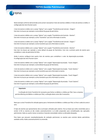 do Treinamento
TOTVS Gestão Patrimonial
32
Neste exemplo conforme demonstrado acima seriam necessários 4 itens de eventos à débito e 4 itens de eventos à crédito. A
configuração dos itens ficariam assim:
1 item de evento à crédito com o campo “Aplicar” com a opção “Transferência de Controle – Origem”.
Este item iria buscar por exemplo a conta default do grupo de patrimônio.
1 item de evento à débito com o campo “Aplicar” com a opção “Transferência de Controle – Destino”.
Este item iria buscar por exemplo a conta “transitória” que seria informada no evento.
1 item de evento à crédito com o campo “Aplicar” com a opção “Transferência de Controle - Origem.”
Este item iria buscar por exemplo a conta transitória que seria informada no evento.
1 item de evento à débito com o campo “Aplicar” com a opção “Transferência de Controle – Destino”
Este item iria buscar por exemplo a conta default do grupo de Patrimônio. Com isto a primeira parte do evento para
contabilizar o valor do patrimônio foi feita.
Ainda é preciso configurar mais quatro itens de eventos para contabilizar o valor da depreciação acumulada.
A configuração dos itens ficariam assim:
1 item de evento à débito com o campo “Aplicar” com a opção” Depreciação Acumulada - Transf. Origem’.
Este item iria buscar por exemplo a conta default do grupo de Patrimônio.
1 tem de evento à crédito com o campo “Aplicar” com a opção “Depreciação Acumulada - Transf. Destino.”
Este item iria buscar por exemplo a conta transitória que seria informada no evento.
1 item de evento à débito com o campo “Aplicar” com a opção “Depreciação Acumulada - Transf. Origem”.
Este item iria buscar por exemplo a conta transitória que seria informada no evento.
1 item de evento à crédito com o campo “Aplicar” com a opção “Depreciação Acumulada - Transf. Destino”.
Este item iria guscar por exemplo a conta default do grupo de patrimônio.
Note que a conta Transitória foi utilizada apenas para o fechamento de débitos x créditos por filial, no final o saldo da conta é
zero.
O tipos de eventos que apresentamos são os principais utilizados pelo sistema. Para as bases que serão convertidas para a
versão 11.50 os eventos já são criados automaticamente e já estão preparados para contabilizações das operações
patrimoniais. Cabe ao usuário revisar os eventos e havendo necessidade realizar as alterações desejadas.
Para bases que possuem reavaliações/ajustes de avaliação patrimonial, os eventos para controle destes patrimônios
avaliados serão criados automaticamente na conversão.
Importante
A utilização de Conta Transitória foi necessária para fechar os débitos e créditos por filial. Caso a empresa
permita diferença de débitos e créditos por filial, a utilização desta conta não é necessária.
 