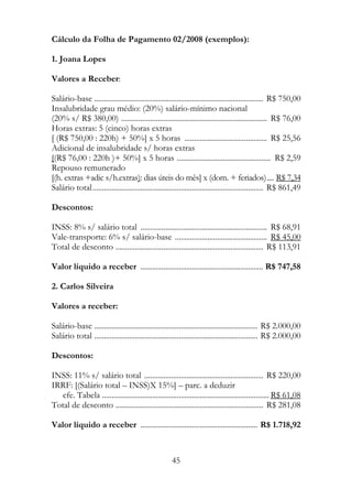 Cálculo da Folha de Pagamento 02/2008 (exemplos):

1. Joana Lopes

Valores a Receber:

Salário-base ........................................................................................ R$ 750,00
Insalubridade grau médio: (20%) salário-mínimo nacional
(20% s/ R$ 380,00) ............................................................................ R$ 76,00
Horas extras: 5 (cinco) horas extras
[ (R$ 750,00 : 220h) + 50%] x 5 horas ........................................... R$ 25,56
Adicional de insalubridade s/ horas extras
[(R$ 76,00 : 220h )+ 50%] x 5 horas ................................................. R$ 2,59
Repouso remunerado
[(h. extras +adic s/h.extras): dias úteis do mês] x (dom. + feriados).... R$ 7,34
Salário total......................................................................................... R$ 861,49

Descontos:

INSS: 8% s/ salário total .................................................................. R$ 68,91
Vale-transporte: 6% s/ salário-base ................................................ R$ 45,00
Total de desconto ............................................................................. R$ 113,91

Valor líquido a receber ................................................................ R$ 747,58

2. Carlos Silveira

Valores a receber:

Salário-base ..................................................................................... R$ 2.000,00
Salário total ..................................................................................... R$ 2.000,00

Descontos:

INSS: 11% s/ salário total .............................................................. R$ 220,00
IRRF: [(Salário total – INSS)X 15%] – parc. a deduzir
   cfe. Tabela ....................................................................................... R$ 61,08
Total de desconto ............................................................................. R$ 281,08

Valor líquido a receber ............................................................. R$ 1.718,92



                                                      45
 