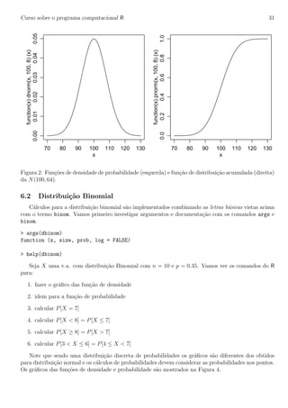 Curso sobre o programa computacional R 31
70 80 90 100 110 120 130
0.000.010.020.030.040.05
x
function(x)dnorm(x,100,8)(x)
70 80 90 100 110 120 130
0.00.20.40.60.81.0
xfunction(x)pnorm(x,100,8)(x)
Figura 2: Fun¸c˜oes de densidade de probabilidade (esquerda) e fun¸c˜ao de distribui¸c˜ao acumulada (direita)
da N(100, 64).
6.2 Distribui¸c˜ao Binomial
C´alculos para a distribui¸c˜ao binomial s˜ao implementados combinando as letras b´asicas vistas acima
com o termo binom. Vamos primeiro investigar argumentos e documenta¸c˜ao com os comandos args e
binom.
> args(dbinom)
function (x, size, prob, log = FALSE)
> help(dbinom)
Seja X uma v.a. com distribui¸c˜ao Binomial com n = 10 e p = 0.35. Vamos ver os comandos do R
para:
1. fazer o gr´aﬁco das fun¸c˜ao de densidade
2. idem para a fun¸c˜ao de probabilidade
3. calcular P[X = 7]
4. calcular P[X < 8] = P[X ≤ 7]
5. calcular P[X ≥ 8] = P[X > 7]
6. calcular P[3 < X ≤ 6] = P[4 ≤ X < 7]
Note que sendo uma distribui¸c˜ao discreta de probabilidades os gr´aﬁcos s˜ao diferentes dos obtidos
para distribui¸c˜ao normal e os c´alculos de probabilidades devem considerar as probabilidades nos pontos.
Os gr´aﬁcos das fun¸c˜oes de densidade e probabilidade s˜ao mostrados na Figura 4.
 