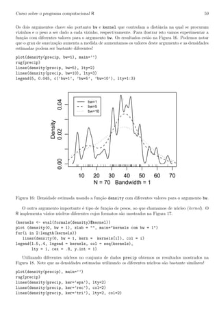 Curso sobre o programa computacional R 59
Os dois argumentos chave s˜ao portanto bw e kernel que controlam a distˆancia na qual se procuram
vizinhos e o peso a ser dado a cada vizinho, respectivamente. Para ilustrar isto vamos experimentar a
fun¸c˜ao com diferentes valores para o argumento bw. Os resultados est˜ao na Figura 16. Podemos notar
que o grau de suaviza¸c˜ao aumenta a medida de aumentamos os valores deste argumento e as densidades
estimadas podem ser bastante diferentes!
plot(density(precip, bw=1), main=’’)
rug(precip)
lines(density(precip, bw=5), lty=2)
lines(density(precip, bw=10), lty=3)
legend(5, 0.045, c(’bw=1’, ’bw=5’, ’bw=10’), lty=1:3)
10 20 30 40 50 60 70
0.000.020.04
N = 70 Bandwidth = 1
Density
bw=1
bw=5
bw=10
Figura 16: Densidade estimada usando a fun¸c˜ao density com diferentes valores para o argumento bw.
O outro argumento importante ´e tipo de fun¸c˜ao de pesos, ao que chamamos de n´ucleo (kernel). O
R implementa v´arios n´ucleos diferentes cujos formatos s˜ao mostrados na Figura 17.
(kernels <- eval(formals(density)$kernel))
plot (density(0, bw = 1), xlab = "", main="kernels com bw = 1")
for(i in 2:length(kernels))
lines(density(0, bw = 1, kern = kernels[i]), col = i)
legend(1.5,.4, legend = kernels, col = seq(kernels),
lty = 1, cex = .8, y.int = 1)
Utilizando diferentes n´ucleos no conjunto de dados precip obtemos os resultados mostrados na
Figura 18. Note que as densidades estimadas utilizando os diferentes n´ucleos s˜ao bastante similares!
plot(density(precip), main=’’)
rug(precip)
lines(density(precip, ker=’epa’), lty=2)
lines(density(precip, ker=’rec’), col=2)
lines(density(precip, ker=’tri’), lty=2, col=2)
 
