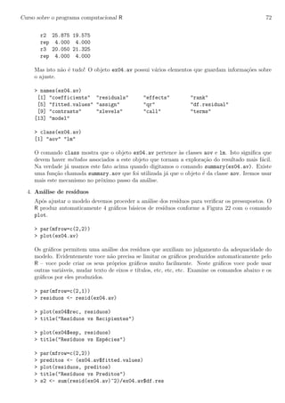 Curso sobre o programa computacional R 72
r2 25.875 19.575
rep 4.000 4.000
r3 20.050 21.325
rep 4.000 4.000
Mas isto n˜ao ´e tudo! O objeto ex04.av possui v´arios elementos que guardam informa¸c˜oes sobre
o ajuste.
> names(ex04.av)
[1] "coefficients" "residuals" "effects" "rank"
[5] "fitted.values" "assign" "qr" "df.residual"
[9] "contrasts" "xlevels" "call" "terms"
[13] "model"
> class(ex04.av)
[1] "aov" "lm"
O comando class mostra que o objeto ex04.av pertence `as classes aov e lm. Isto signiﬁca que
devem haver m´etodos associados a este objeto que tornam a explora¸c˜ao do resultado mais f´acil.
Na verdade j´a usamos este fato acima quando digitamos o comando summary(ex04.av). Existe
uma fun¸c˜ao chamada summary.aov que foi utilizada j´a que o objeto ´e da classe aov. Iremos usar
mais este mecanismo no pr´oximo passo da an´alise.
4. An´alise de res´ıduos
Ap´os ajustar o modelo devemos proceder a an´alise dos res´ıduos para veriﬁcar os pressupostos. O
R produz automaticamente 4 gr´aﬁcos b´asicos de res´ıduos conforme a Figura 22 com o comando
plot.
> par(mfrow=c(2,2))
> plot(ex04.av)
Os gr´aﬁcos permitem uma an´alise dos res´ıduos que auxiliam no julgamento da adequacidade do
modelo. Evidentemente voce n˜ao precisa se limitar os gr´aﬁcos produzidos automaticamente pelo
R – voce pode criar os seus pr´oprios gr´aﬁcos muito facilmente. Neste gr´aﬁcos voce pode usar
outras vari´aveis, mudar texto de eixos e t´ıtulos, etc, etc, etc. Examine os comandos abaixo e os
gr´aﬁcos por eles produzidos.
> par(mfrow=c(2,1))
> residuos <- resid(ex04.av)
> plot(ex04$rec, residuos)
> title("Res´ıduos vs Recipientes")
> plot(ex04$esp, residuos)
> title("Res´ıduos vs Esp´ecies")
> par(mfrow=c(2,2))
> preditos <- (ex04.av$fitted.values)
> plot(residuos, preditos)
> title("Res´ıduos vs Preditos")
> s2 <- sum(resid(ex04.av)^2)/ex04.av$df.res
 