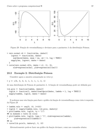 Curso sobre o programa computacional R 97
0 2 4 6 8 10
−60−40−20
λ
l(λ)
0 2 4 6 8 10
020406080100
λ
l(λ)
Figura 29: Fun¸c˜ao de verossimilhan¸ca e deviance para o parˆametro λ da distribui¸c˜ao Poisson.
> vero.normal.v4 <- function(mu, dados){
logvero <- function(mu, dados)
sum(dnorm(dados, mean = mu, sd = 2, log = TRUE))
sapply(mu, logvero, dados = dados)
}
> curve(vero.normal.v4(x, dados = x), 11, 15,
xlab=expression(mu), ylab=expression(l(mu)))
23.2 Exemplo 2: Distribui¸c˜ao Poisson
Considere agora a amostra armazenada no vetor y:
> y <- c(5, 0, 3, 2, 1, 2, 1, 1, 2, 1)
de uma distribui¸c˜ao de Poisson de parˆametro λ. A fun¸c˜ao de verossimilhan¸ca pode ser deﬁnida por:
lik.pois <- function(lambda, dados){
loglik <- function(l, dados){sum(dpois(dados, lambda = l, log = TRUE))}
sapply(lambda, loglik, dados = dados)
}
E podemos usar esta fun¸c˜ao para fazer o gr´aﬁco da fun¸c˜ao de verossimilhan¸ca como visto `a esquerda
da Figura 29
> lambda.vals <- seq(0, 10, l=101)
> loglik <- sapply(lambda.vals, lik.pois, dados=y)
> plot(lambda.vals, loglik, ty = "l")
## ou mudando o texto do eixos
> plot(lambda.vals, loglik, type = "l", xlab=expression(lambda),
> ylab=expression(l(lambda)))
## ou
> curve(lik.pois(x, dados=y), 0, 10)
Alternativamente pode-se fazer um gr´aﬁco da fun¸c˜ao deviance, como nos comandos abaixo.
 