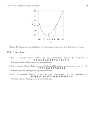 Curso sobre o programa computacional R 99
1.0 1.5 2.0 2.5 3.0 3.5
0246810
λ
l(λ)
Figura 30: Fun¸c˜ao de verossimilhan¸ca e deviance para o parˆametro λ da distribui¸c˜ao Poisson.
23.3 Exerc´ıcios
1. Seja a amostra abaixo obtida de uma distribui¸c˜ao Poisson de parˆametro λ.
5 4 6 2 2 4 5 3 3 0 1 7 6 5 3 6 5 3 7 2
Obtenha o gr´aﬁco da fun¸c˜ao de log-verossimilhan¸ca.
2. Seja a amostra abaixo obtida de uma distribui¸c˜ao Binomial de parˆametro p e com n = 10.
7 5 8 6 9 6 9 7 7 7 8 8 9 9 9
Obtenha o gr´aﬁco da fun¸c˜ao de log-verossimilhan¸ca.
3. Seja a amostra abaixo obtida de uma distribui¸c˜ao χ2
de parˆametro ν.
8.9 10.1 12.1 6.4 12.4 16.9 10.5 9.9 10.8 11.4
Obtenha o gr´aﬁco da fun¸c˜ao de log-verossimilhan¸ca.
 