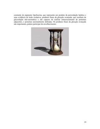 constante do pigmento lipofuscina, que representa um produto da peroxidação lipídica e
uma evidência de lesão oxidativa; produtos finais da glicação avançada, que resultam da
glicosilação não-enzimática e são capazes de realizar entrecruzamento de proteínas
adjacentes, e proteínas anormalmente dobradas. Os produtos finais da glicação avançada
são importantes, podem participar do envelhecimento.
19
 