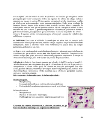 c- Enxaqueca Uma das teorias da causa da cefaléia da enxaqueca é que emoção ou tensão
prolongadas provocam vasoespasmo reflexo de algumas das artérias da cabeça, inclusive
daquelas que suprem o cérebro. O vasoespasmo teoricamente produz isquemia de porções
do cérebro que seria responsável pelos sintomas podrômicos. Então, como resultado da
isquemia intensa, alguma coisa acontece com a parede vascular, talvez a exaustão da
contração do músculo liso, que lhe permite tornar-se flácida e incapaz de manter o tônus
muscular por 24 a 48 horas. A pressão sanguínea nos vasos faz com que estes se dilatem e
pulsem intensamente, e foi postulado que o estiramento excessivo das paredes das artérias –
inclusive de algumas artérias extracranianas como a Temporal – causa a dor verdadeira das
cefaléias da enxaqueca.
d- Labirintite Parece que a labirintite é causada por um vírus, mas ela também pode
ocorrer devido à infecção por bactéria, lesão na cabeça, alergia ou reação a um determinado
medicamento. Tanto a labirintite viral como bacteriana pode causar perda de audição
permanente, embora isso seja raro.
e- Otite A otite média aguda é uma infecção por bactérias e vírus que provoca inflamação
e/ou obstruções que se não for tratada pode levar à perda total da audição. Costuma ocorrer
durante ou logo após gripes, resfriados, infecções na garganta ou respiratórias. É um tipo de
otite comum em crianças, mas pode ocorrer em pessoas de qualquer idade.
f- Faringite A faringite é geralmente causada por infecção viral (95%) ou bacteriana (5%).
A infecção causada por estreptococo do grupo A é denominada de infecção de garganta por
estreptococos. A forma crônica pode ser causada por infecções prolongadas dos seios
nasais, pulmões e boca e pela irritação prolongada da mucosa por tabagismo, inalação de ar
altamente poluído e consumo de bebidas alcoólicas ou de substâncias que podem escaldar,
corroer ou escoriar a garganta.
Diferenças entre inflamação aguda de inflamação crônica
Inflamação aguda:
- Duração curta;
- Exsudação de líquido e de proteínas plasmáticas (edema);
- Emigração de leucócitos (predominantemente de neutrófilos);
Inflamação crônica:
- Duração maior;
- Presença de linfócitos e macrófagos;
- Proliferação de vasos sanguíneos e de tecidos conjuntivos;
Esquema dos eventos moleculares e celulares envolvidos no processo de ativação
leucocitária até a transmigração no processo inflamatório
34
 