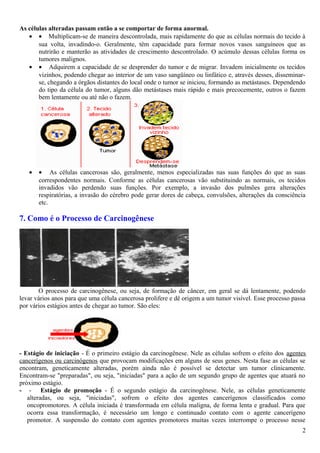 As células alteradas passam então a se comportar de forma anormal.
• • Multiplicam-se de maneira descontrolada, mais rapidamente do que as células normais do tecido à
sua volta, invadindo-o. Geralmente, têm capacidade para formar novos vasos sanguíneos que as
nutrirão e manterão as atividades de crescimento descontrolado. O acúmulo dessas células forma os
tumores malignos.
• • Adquirem a capacidade de se desprender do tumor e de migrar. Invadem inicialmente os tecidos
vizinhos, podendo chegar ao interior de um vaso sangüíneo ou linfático e, através desses, disseminar-
se, chegando a órgãos distantes do local onde o tumor se iniciou, formando as metástases. Dependendo
do tipo da célula do tumor, alguns dão metástases mais rápido e mais precocemente, outros o fazem
bem lentamente ou até não o fazem.
• • As células cancerosas são, geralmente, menos especializadas nas suas funções do que as suas
correspondentes normais. Conforme as células cancerosas vão substituindo as normais, os tecidos
invadidos vão perdendo suas funções. Por exemplo, a invasão dos pulmões gera alterações
respiratórias, a invasão do cérebro pode gerar dores de cabeça, convulsões, alterações da consciência
etc.
7. Como é o Processo de Carcinogênese
O processo de carcinogênese, ou seja, de formação de câncer, em geral se dá lentamente, podendo
levar vários anos para que uma célula cancerosa prolifere e dê origem a um tumor visível. Esse processo passa
por vários estágios antes de chegar ao tumor. São eles:
- Estágio de iniciação - É o primeiro estágio da carcinogênese. Nele as células sofrem o efeito dos agentes
cancerígenos ou carcinógenos que provocam modificações em alguns de seus genes. Nesta fase as células se
encontram, geneticamente alteradas, porém ainda não é possível se detectar um tumor clinicamente.
Encontram-se "preparadas", ou seja, "iniciadas" para a ação de um segundo grupo de agentes que atuará no
próximo estágio.
- - Estágio de promoção - É o segundo estágio da carcinogênese. Nele, as células geneticamente
alteradas, ou seja, "iniciadas", sofrem o efeito dos agentes cancerígenos classificados como
oncopromotores. A célula iniciada é transformada em célula maligna, de forma lenta e gradual. Para que
ocorra essa transformação, é necessário um longo e continuado contato com o agente cancerígeno
promotor. A suspensão do contato com agentes promotores muitas vezes interrompe o processo nesse
2
 