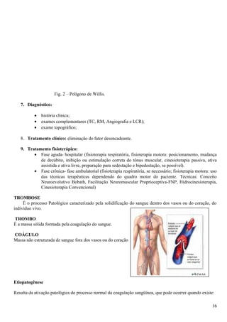 Fig. 2 – Polígono de Willis.
7. Diagnóstico:
• história clínica;
• exames complementares (TC, RM, Angiografia e LCR);
• exame topográfico;
8. Tratamento clínico: eliminação do fator desencadeante.
9. Tratamento fisioterápico:
• Fase aguda- hospitalar (fisioterapia respiratória, fisioterapia motora: posicionamento, mudança
de decúbito, inibição ou estimulação correta do tônus muscular, cinesioterapia passiva, ativa
assistida e ativa livre, preparação para sedestação e bipedestação, se possível).
• Fase crônica- fase ambulatorial (fisioterapia respiratória, se necessário; fisioterapia motora: uso
das técnicas terapêuticas dependendo do quadro motor do paciente. Técnicas: Conceito
Neuroevolutivo Bobath, Facilitação Neuromuscular Proprioceptiva-FNP, Hidrocinesioterapia,
Cinesioterapia Convencional)
TROMBOSE
É o processo Patológico caracterizado pela solidificação do sangue dentro dos vasos ou do coração, do
individuo vivo.
TROMBO
É a massa sólida formada pela coagulação do sangue.
COÁGULO
Massa não estruturada de sangue fora dos vasos ou do coração
Etiopatogênese
Resulta da ativação patológica do processo normal da coagulação sangüínea, que pode ocorrer quando existe:
16
 